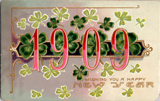 Vintage 1909 Wishing You A Happy New Year Postcard Good Luck 4 Leaf Clover picture