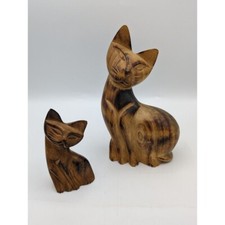 2 Set Hand Carved Wooden Cat Figurine MCM Folk Art Kitty Boho Stature Brown EUC picture