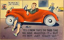 Lady Auto Mechanic Car Comic Humor Postcard c1940 picture