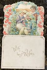 ANTIQUE 3D EMBOSSED POP UP VALENTINE CARD 1900 Boy Girl Roses Doves Holding Hand picture