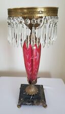 Vintage Cranberry Etched Glass Lamp Base With Prisms And Marble Base picture