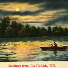 c.1940 Greetings From Hayward Wisconsin WI Postcard Full Moon Row Boat Sawyer Co picture