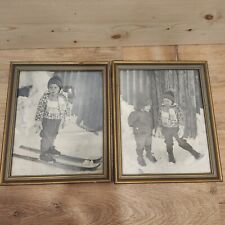 2 Vintage Framed Black And White Photos Girl Boy Skiing Siblings Portrait Snow picture