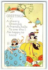 1931 Greetings Pretty Girls Winter Scene Houses Embossed Glens Falls NY Postcard picture