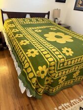 Vintage Twin Bedspread Cannon Fringed Blanket Green Yellow Daisy 60s picture