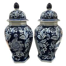 Pair of 15” Paisley Blue & White Temple Chinoiserie Hexagon Jars Removable Lids picture