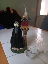 Primitive Black Cat Lamp Light W/ Birdhouse And Blue Jay Table Night Light  picture
