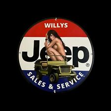 WILLYS JEEP SALES & SERVICES NAKED PINUP GIRL GARAGE GAS OIL PUMP PORCELAIN SIGN picture