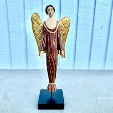 Vtg Handmade OOAK Carved Wooden Angel SANTOS REPLICA 14.5 Inches Tall Gold Wings picture