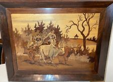 large antique inlaid marquetry figural scene bull farm wood wall sculpture art picture