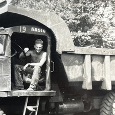 Vintage Snapshot Photo Cockey Shirtless Man in Dump Truck Gat Interest 60s - S1 picture
