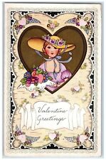 c1920's Valentine Greetings Heart Pretty Woman Big Hat Embossed Antique Postcard picture