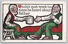 Postcard Two Men w Pipe & Pot, Uncle's Quit Work Too Since He Heard About Father picture