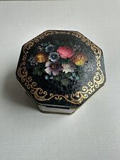 Vintage Black English Rose Floral and Gold Scroll Candy Tea Tin made in England picture