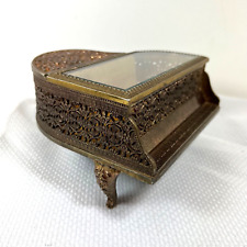 Vtg Gold Metal Filigree Piano Music Jewelry Box Clear Beveled Glass Casket Lid picture