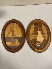 Extremely Rare Vintage Inlaid Wood Marquetry MCM Cat Wall Hangings Brand New picture