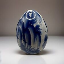 Vintage Large Porcelain Hand Painted Asian Scene Blue White Egg 6” picture