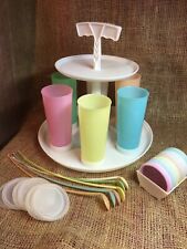 Tupperware 6 PASTEL Tumblers w/Lids on CAROUSEL Caddy, COASTER Set,6 Soda Spoons picture