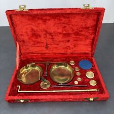 Vintage Apothecary Jewelers Brass Travel Scale Velvet Box Red Case Complete picture
