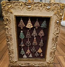 Vintage Christmas Tree Brooch Framed Jewelry Art Handmade Ornate Gold Cream  picture