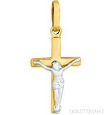 14K Yellow+White Gold Shiny Small Cross Pendant with White Figurine picture