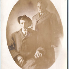 c1910s Father Son Gentlemen RPPC Portrait Smoke Pipe Big Coat Jackets Photo A260 picture