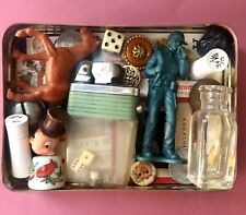 Vintage Tin Of Small Treasures. Ephemera, Sewing Buttons, Stamps, Vintage Toys.. picture