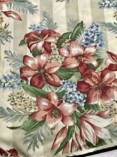 Vintage 60” Round Cotton Poly Tablecloth Red Lilies Forget Me Nots Beige Stripes picture
