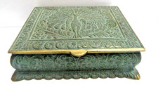 Antique Green Embossed Brass Cigarette Trinkett Box Case Wood Lined Peacock picture