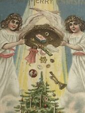 Christmas Postcard Two Angels Deliver Toys Dolls Carriage Under Tree picture