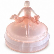 Pink Satin Depression Glass Powder Jar Lady With Two Dogs Art Deco Vanity Dish picture