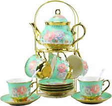 Porcelain Flower Tea Set Ceramic Painting Marbel Mug Cup Coffee Flatware Green picture