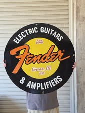 LARGE VINTAGE FENDER ELECTRIC GUITARS PORCELAIN SIGN 29" NICE DEALER STORE SIGN picture