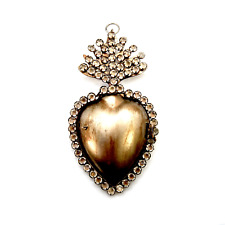 6in Rhinestone Sacred Heart Ex Voto Locket Ornament, Antiqued Silver Milagro picture