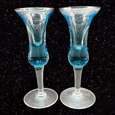 Vintage Art Glass Candlestick Holder Set Clear Blue Glass Candle Stick 6”T 2”W picture