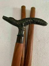 Antique Brass Crocodile Head Handle Vintage Style Wooden Walking Stick Cane Gift picture