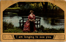Vintage 1940's Lonely Victorian Dressed Woman Longing Missing You Postcard Park picture
