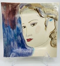 VTG Hand painted and artist signed pottery Textured tray girl Woman portrait 10” picture