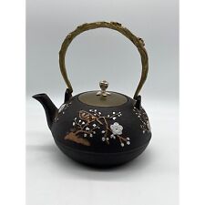 Vintage Cast Iron Teapot Japanese Floral Carved Heavy Kitchen Decor picture