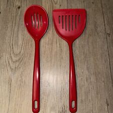 Vintage EKCO Red Slotted Spoon & Spatula Turner Flipper 12” Set NICE picture