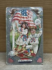 POSTCARD PATRIOTIC 4th OF JULY BOY GIRL EAGLE UNION SOLDIER US FLAG EMBOSSED picture