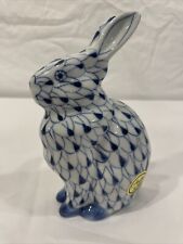 Vtg Andrea Sadek Fishnet Hand Painted Rabbit Bunny Sitting Figurine Blue & White picture