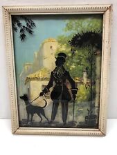 Vintage Antique Silhouette Reverse Painting Convex Glass Picture Of Man And Dog picture