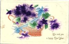 c1910 HAPPY NEW YEAR FLORAL VIOLET BASKET VERY HEAVY EMBOSSED POSTCARD 42-329 picture
