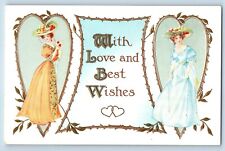 Valentine Postcard Pretty Women With Love Best Wishes Embossed 1915 Antique picture