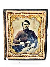 Antique 1/9 Plate Tin Type of Civil War Soldier Matted In 1/2 Case picture