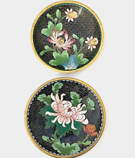 VTG Chinese Cloisonne Trinket Dish Stone Inlay Peony Floral Brass Trays 2pcs JCS picture