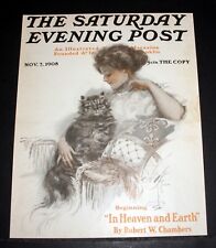 1908 NOV 7, OLD SATURDAY EVENING POST MAGAZINE COVER,  HARRISON FISHER CAT ART picture