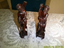 2 VINTAGE RED WOOD ORIENTAL ELDERLY MEN FIGURES DIFFERENT VERY DETAILED picture