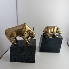 Bear & Bull Wall Street Solid Brass & Green Marble Stock Market Bookends GatCo picture
